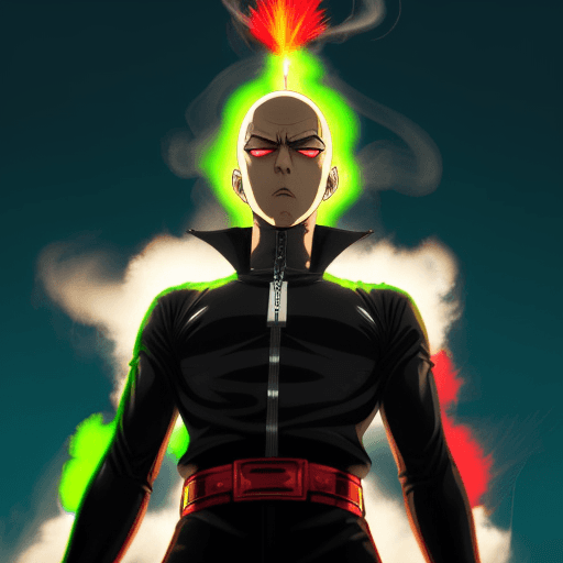 AI generated: high ground angle shot, a character looking like One Punch Man standing on top of a skyscrapper, neo...