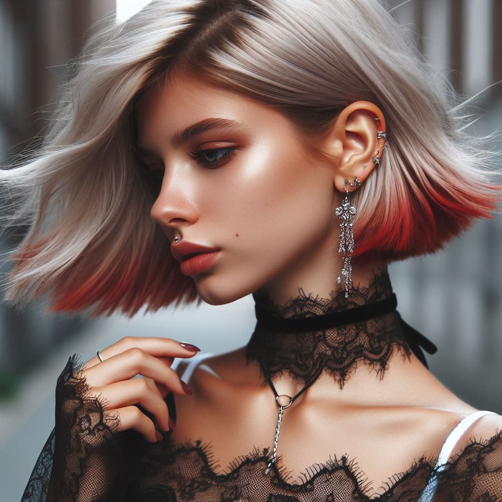 AI generated: A young female with middle lenght white hair with red midtones, stylish earrings, choker, lace acces...