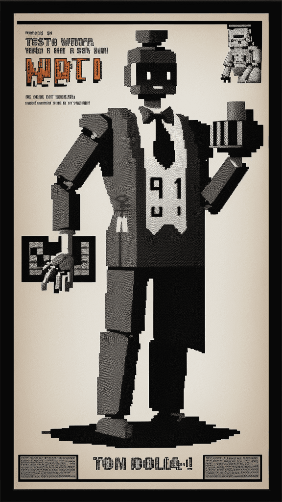 AI generated: mono pixelated poster, signed by"101", a digital illustration of a robot waiter, highly detailed vin...