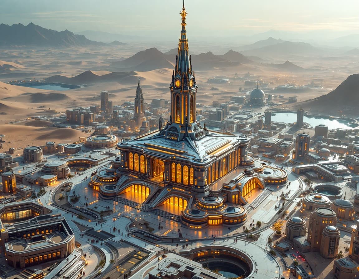 AI generated: The Central bank as seen from above : this imposing building in the center of a futuristic sci-fi ci...