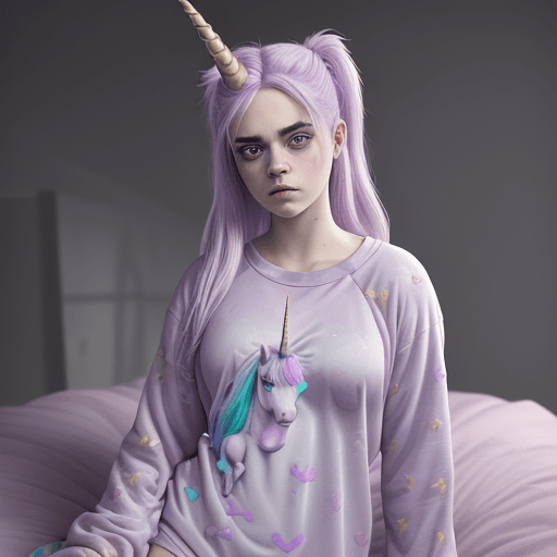 AI generated: Billie Elish dressed with unicorn pijama, atractive, flirting, (((full body visible))), looking at v...