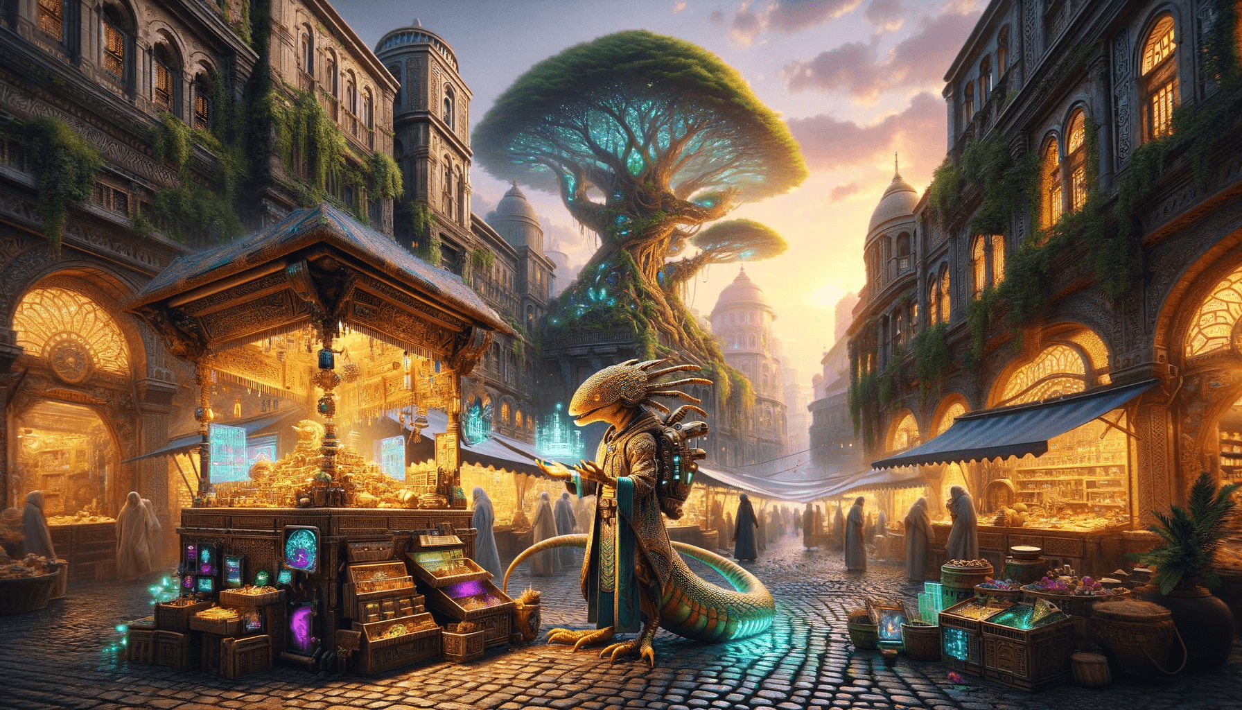 AI generated: In the heart of a bustling marketplace that resonates with the grandeur of a city reminiscent of San...
