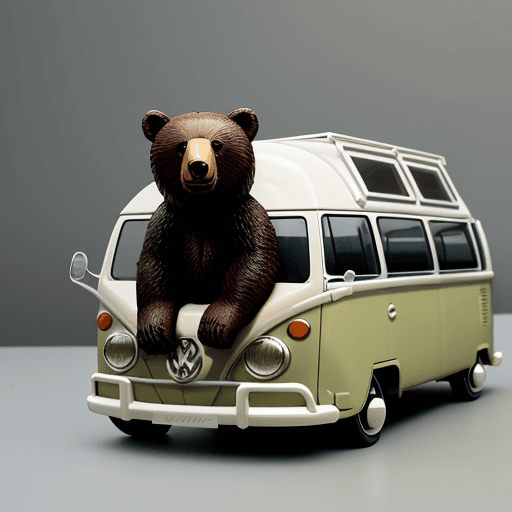 AI generated: a bear sitting on a plastic model of an old volkswagen bulli