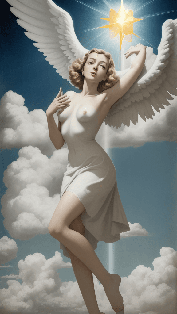 AI generated: (who said a angel has a halo), (Ultra high res), Clouds, sunbeams, Modernist Simplicity, 1940s Propa...