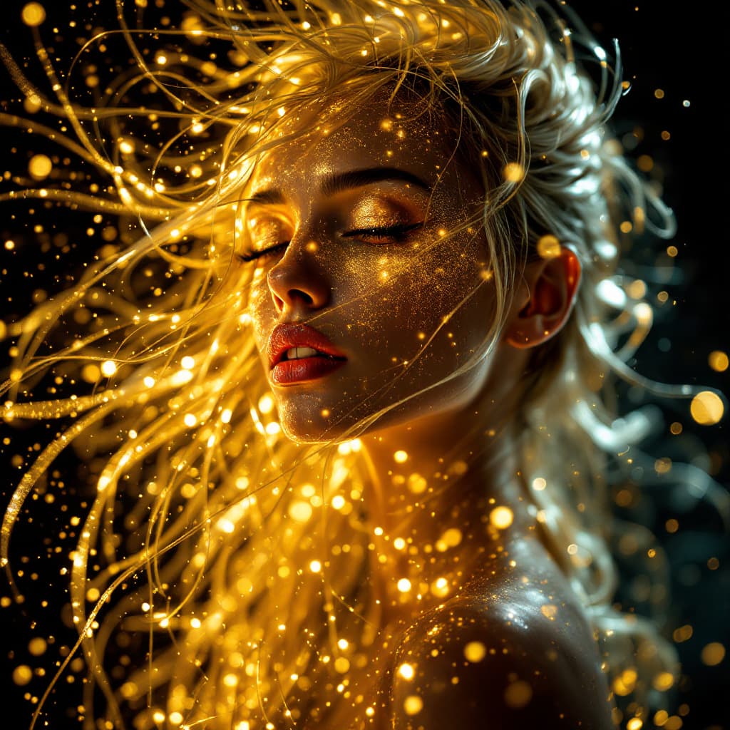 AI generated: fashion editorial, a beautiful mystic woman is studio lights with abstract hair in gold glitter pain...