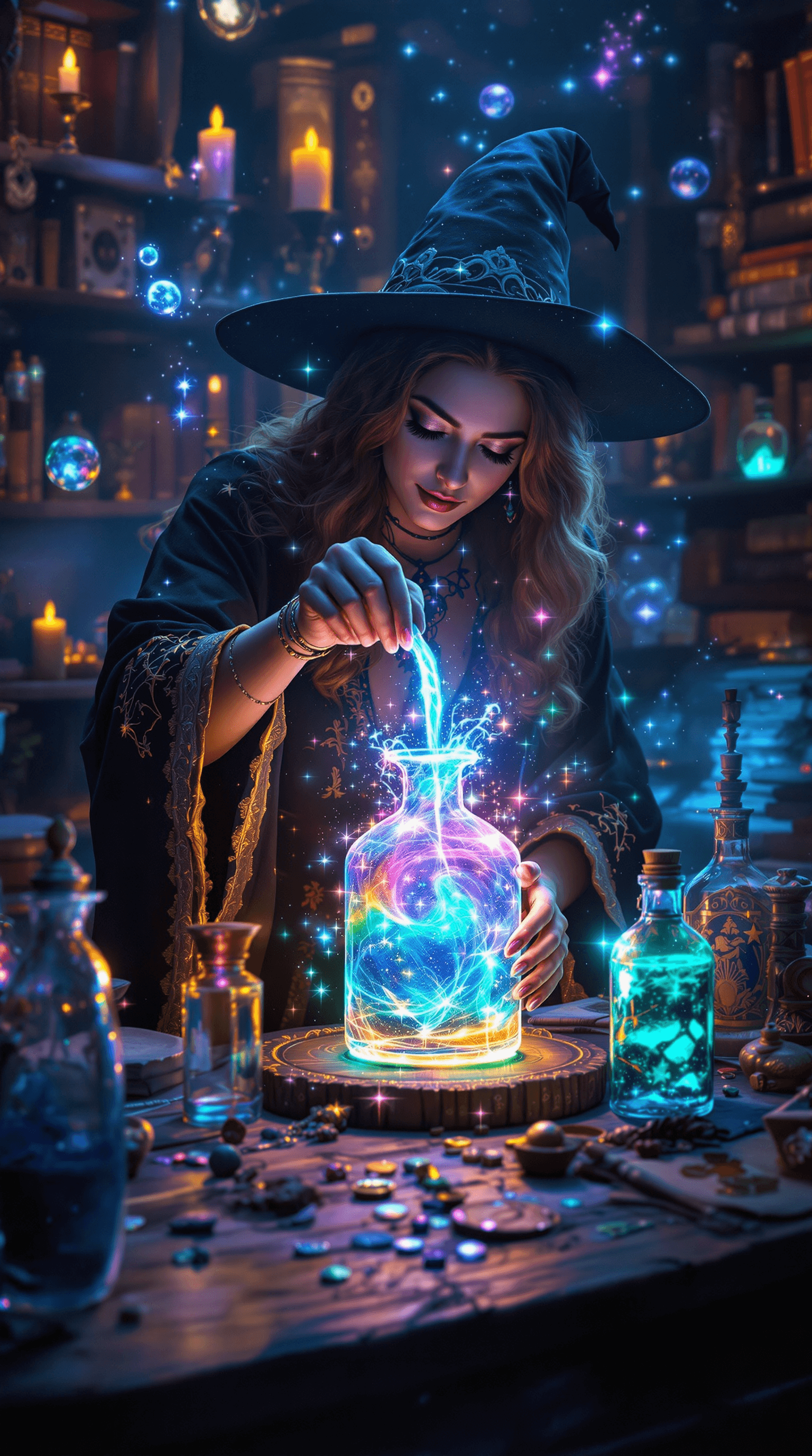 AI generated: A **mystical witch’s potion room**, dimly illuminated by the **ethereal glow of enchanted candles an...
