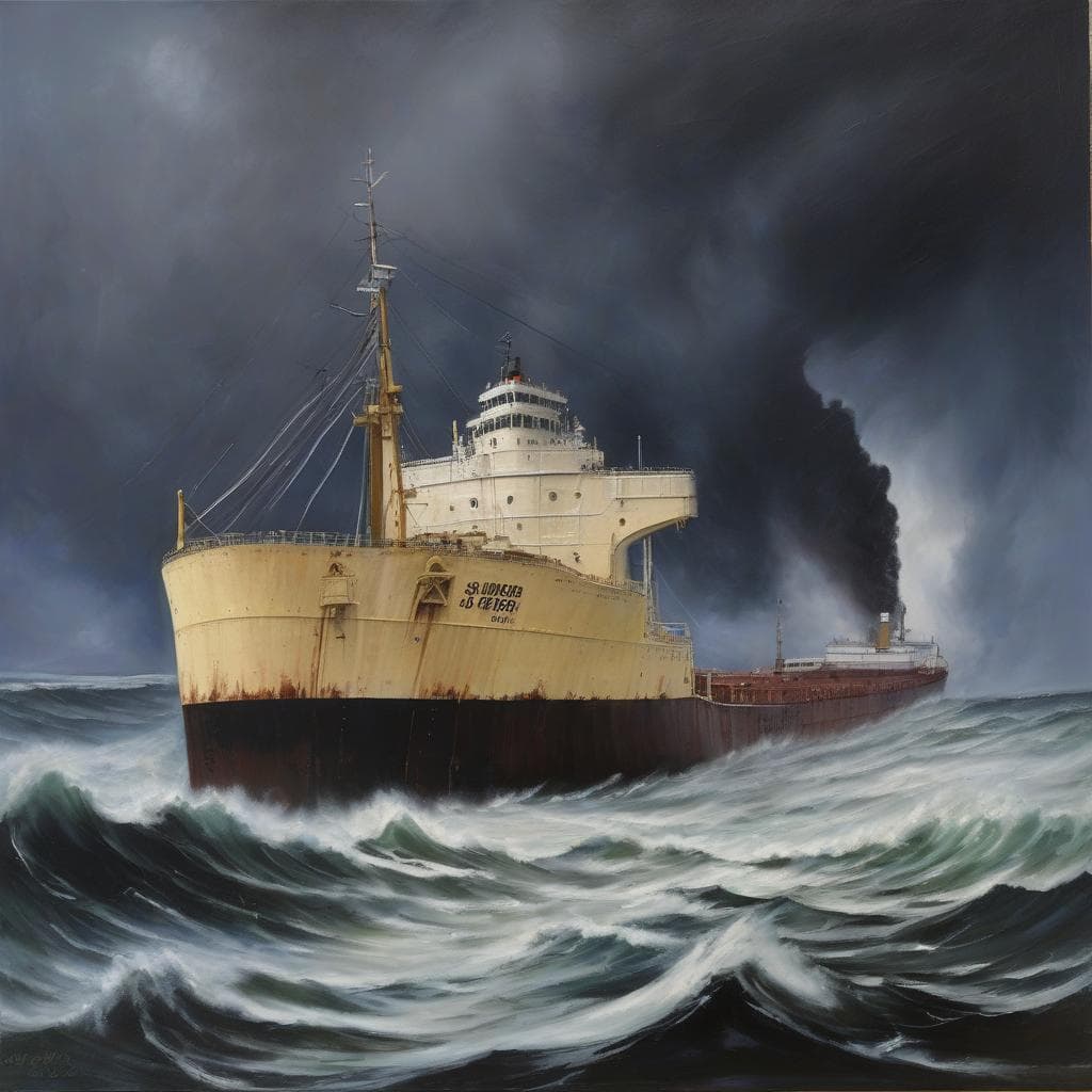 AI generated: a dramatic oil painting captures the Great Lakes ore freighter "SS Edmund Fitzgerald" in a heavy win...