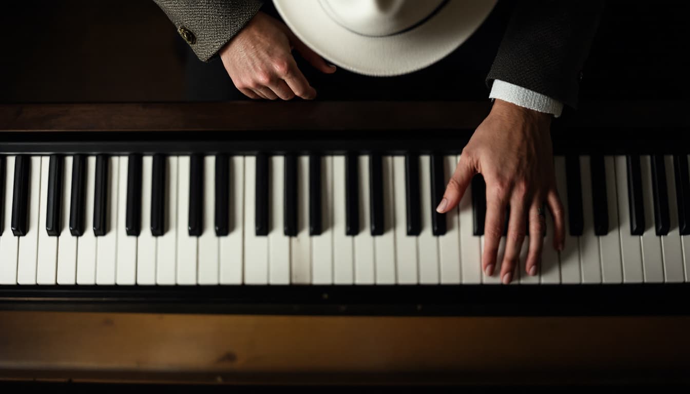 AI generated: portrait capturing the essence of a pianist with white hat from an overhead perspective. Focus on th...