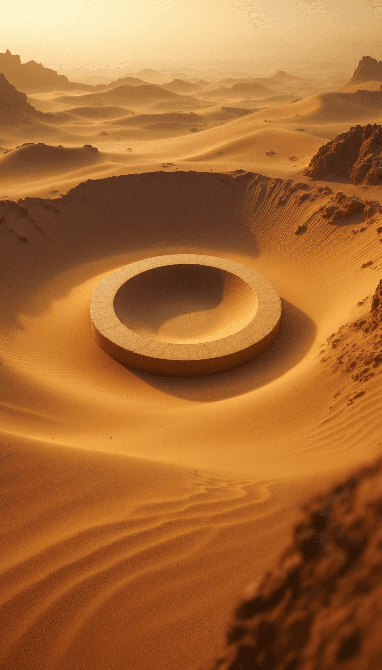 AI generated: Diagonal Shot, cinematic shot of a circular object inside the desert, biblical events aesthetic, vol...