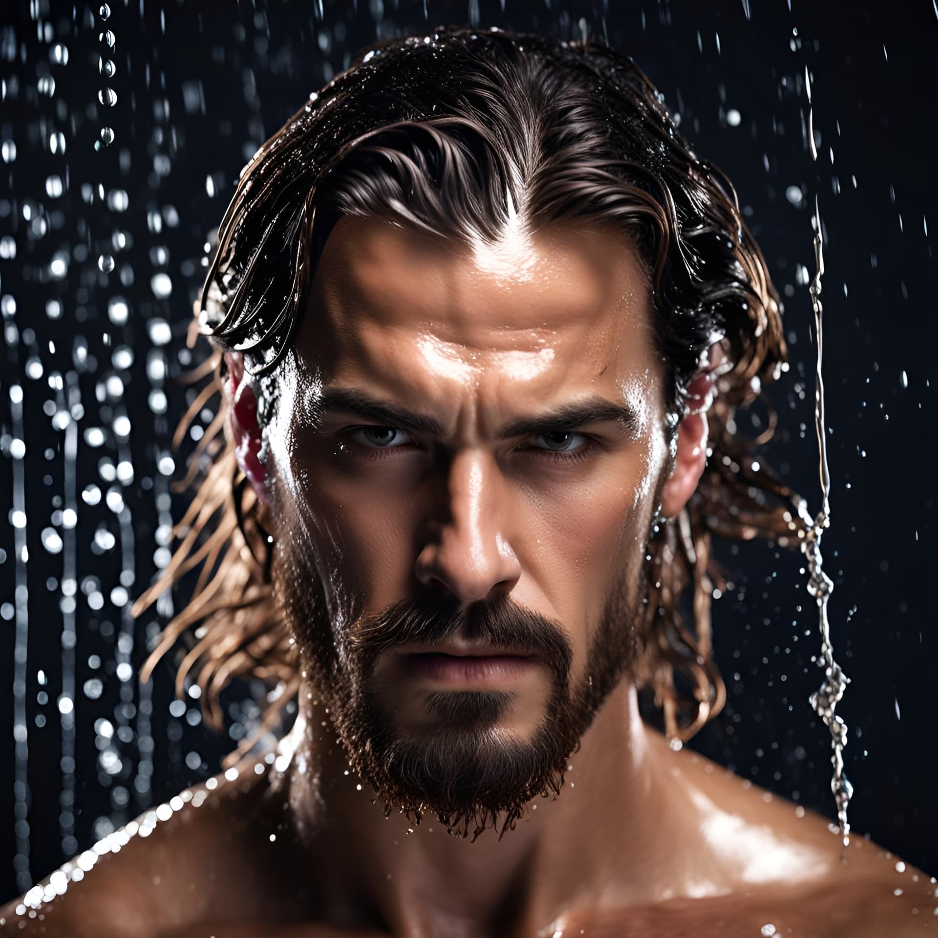 AI generated: a man, wet hair, splashes of raining water with facial hair, intricate details, male model portrait ...