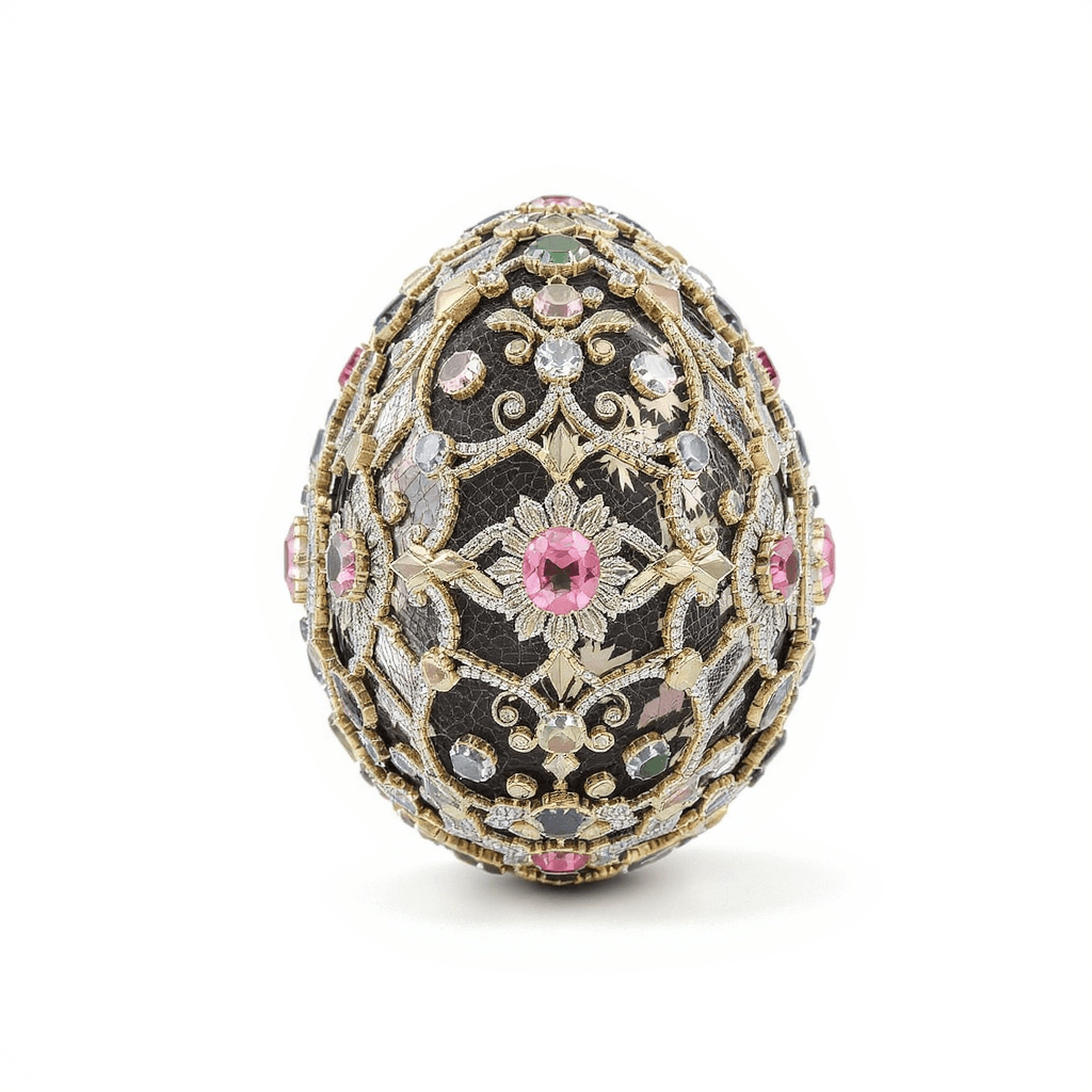 AI generated: A filigree jewel-encrusted egg placed on a white background
