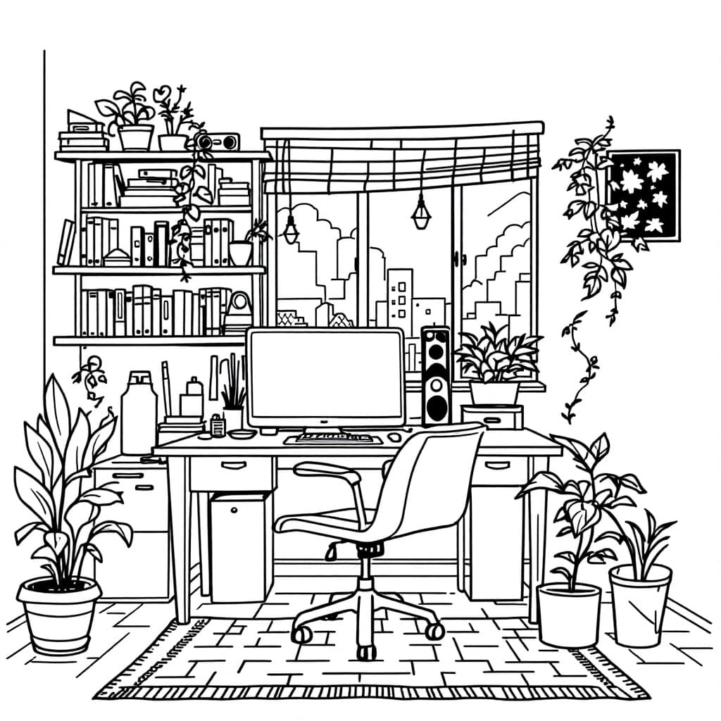 AI generated: Create a high-resolution black-and-white line drawing of a home office. Include detailed elements su...