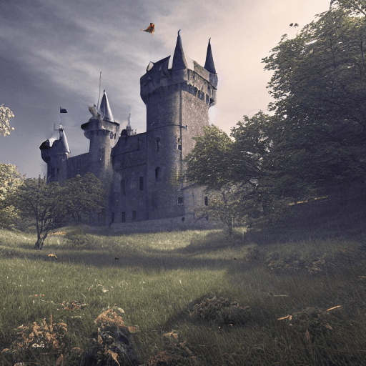 AI generated: mdjrny-v4 style, a medieval countryside with an English castle in the distance,  atmospheric, hyper ...