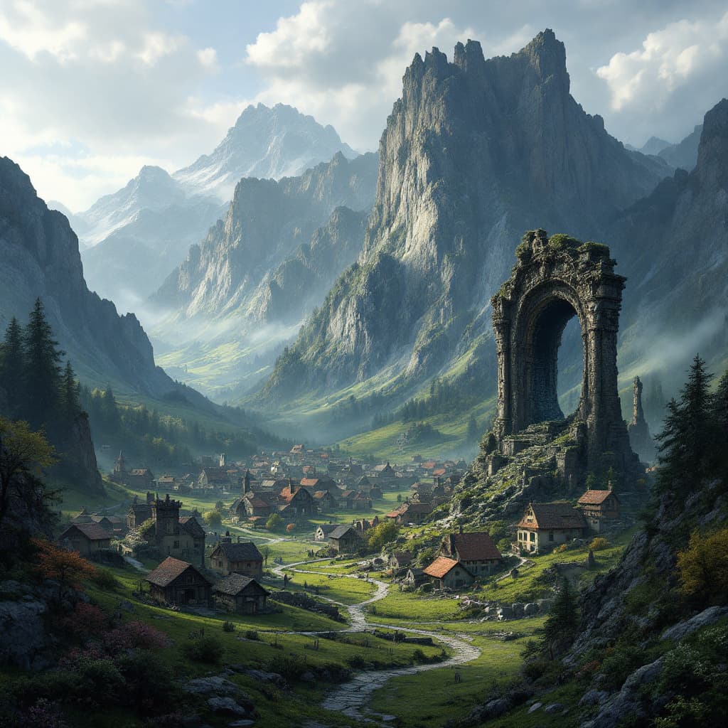 AI generated: A village nestled between towering mountains, with a mystical portal similar to those from the Elder...