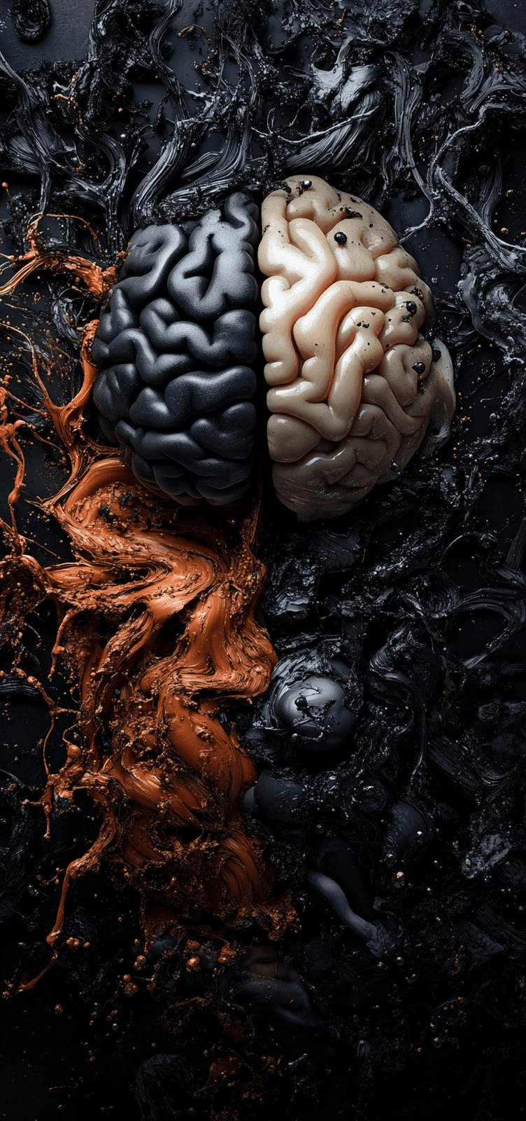 AI generated: A creative and thought-provoking visual of two brains, one white with dark brown liquid flowing arou...