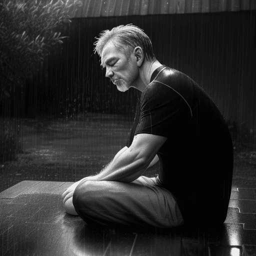 AI generated: 3/4 shot, black and white photograph, a middle aged man, side view, sitting on the ground in his bac...