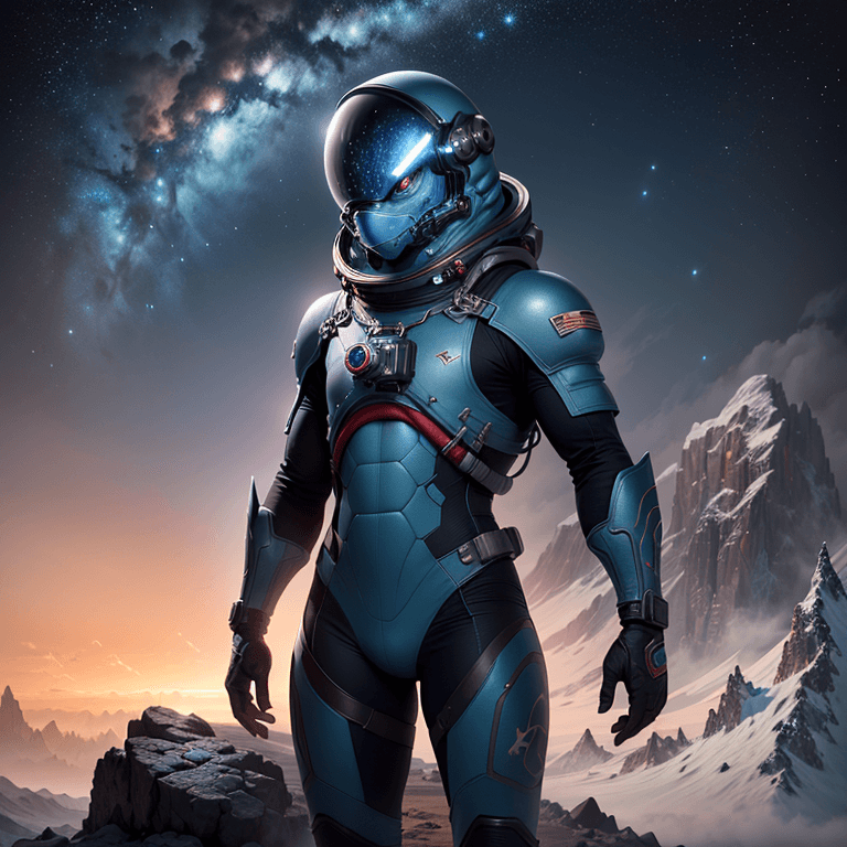 AI generated: snoutless blue lizard, wearing a cosmonaut helmet, reddish eyes, haunting look, half body view, fron...