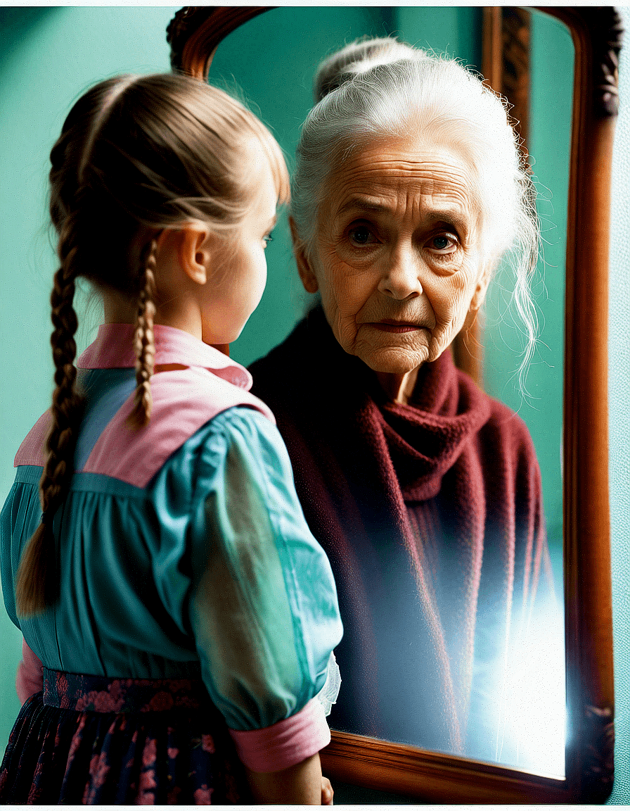AI generated: The image depicts a girl who is standing in front of the mirror and see herself as a very old woman....