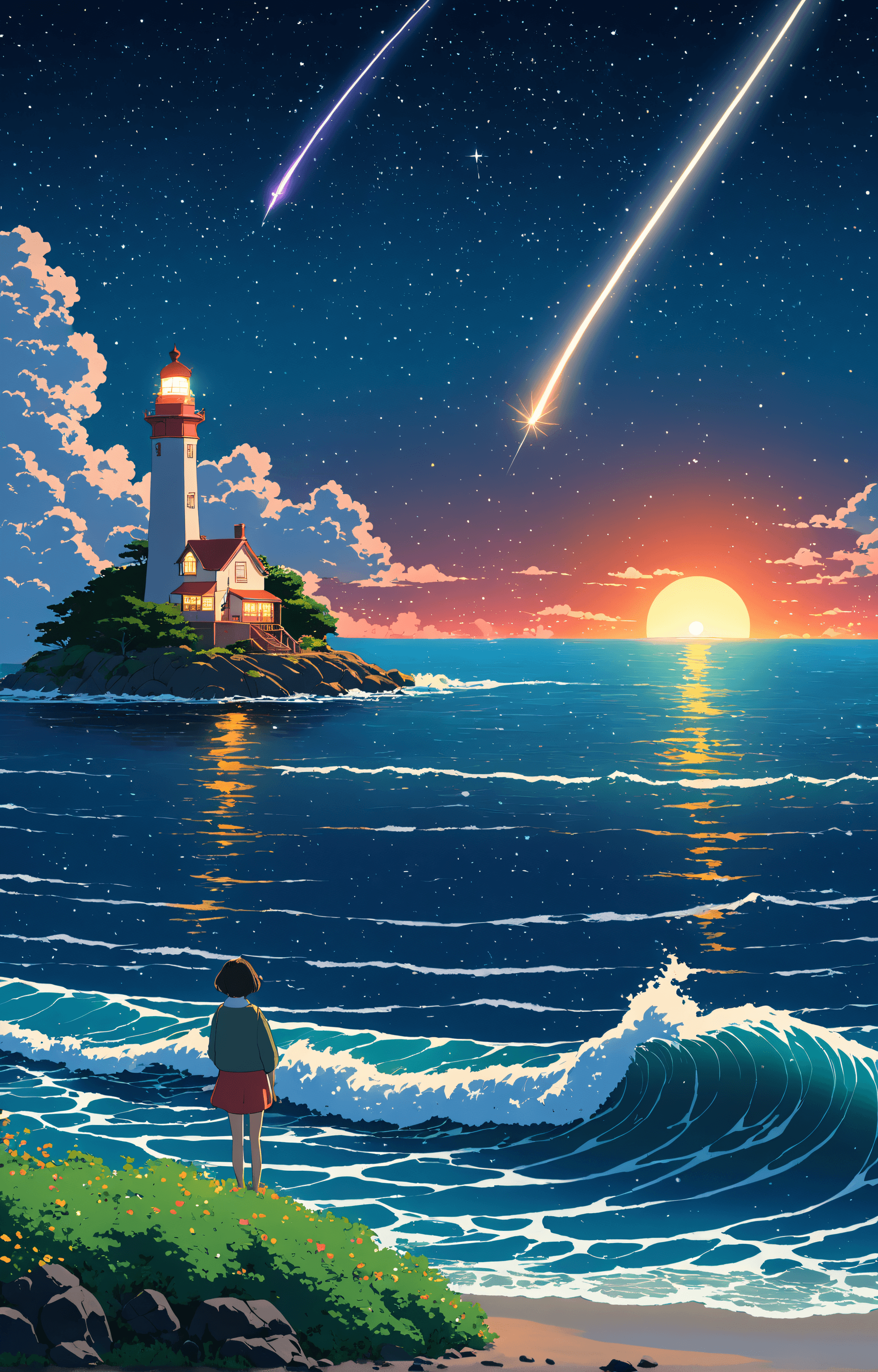 AI generated: Vibrant and dynamic illustrations and vectors, a picturesque 1lighthouse standing tall on a small is...