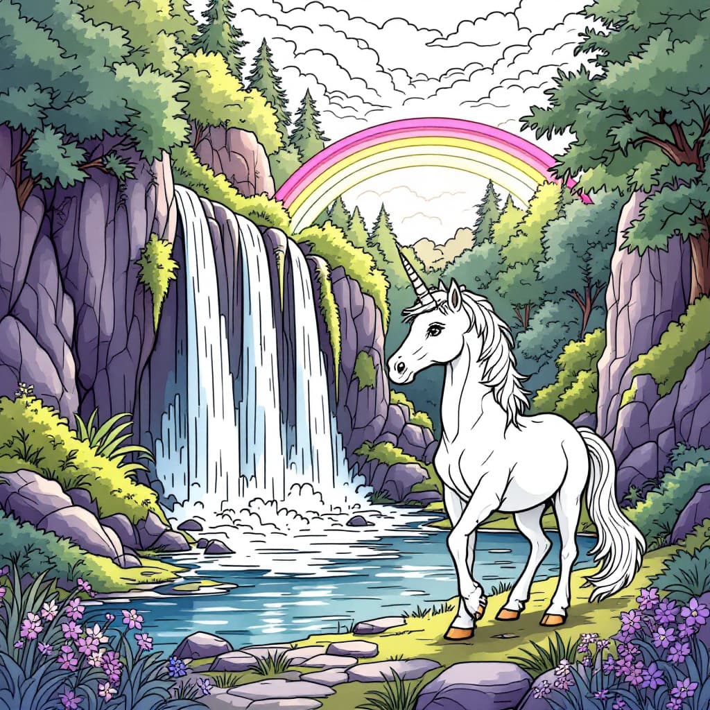 AI generated: Coloring book page, A unicorn standing by a waterfall under a rainbow. no color