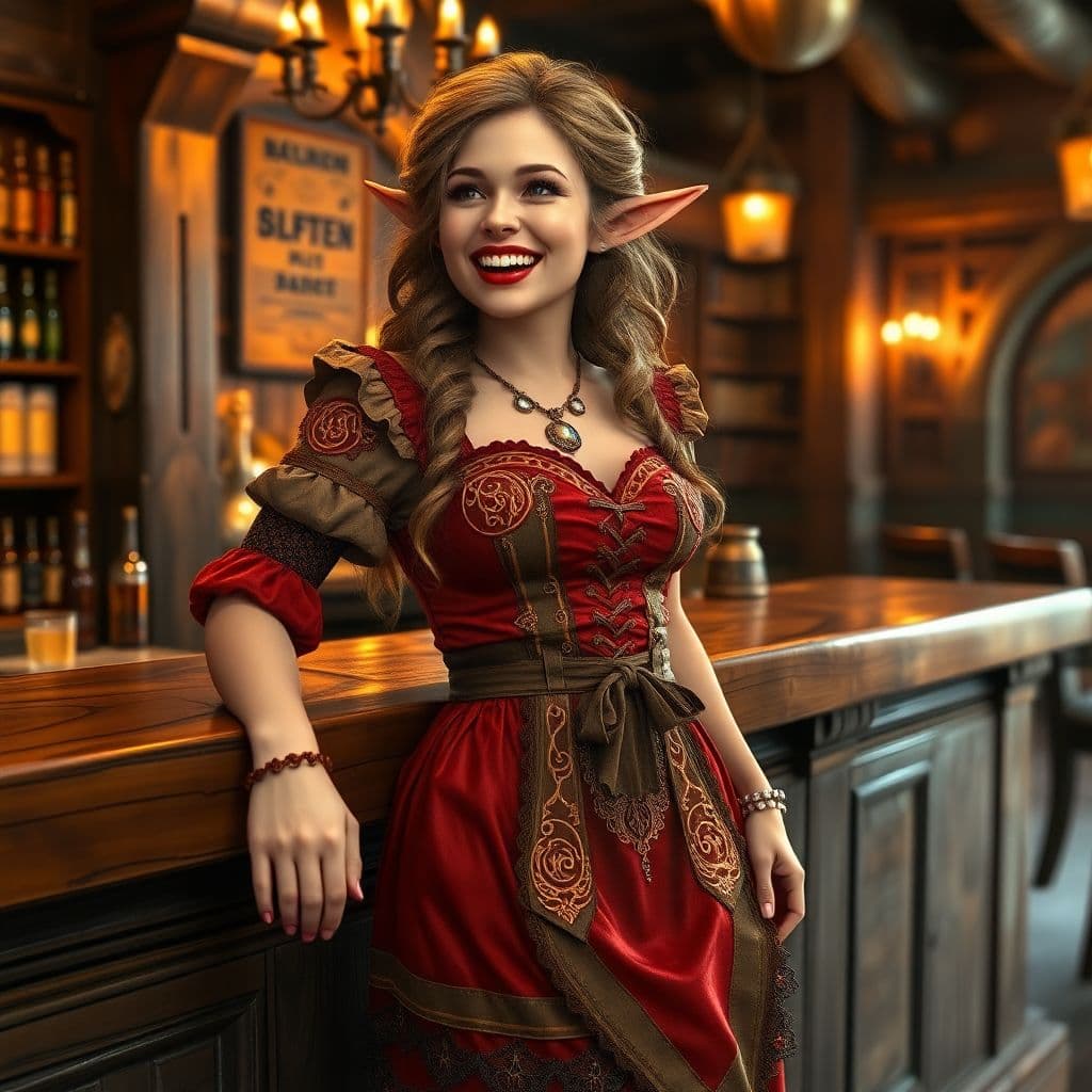AI generated: close up of a photorealistic photography [full-body shot] of a fantasy-style [Sylvara - Tavern Elf B...