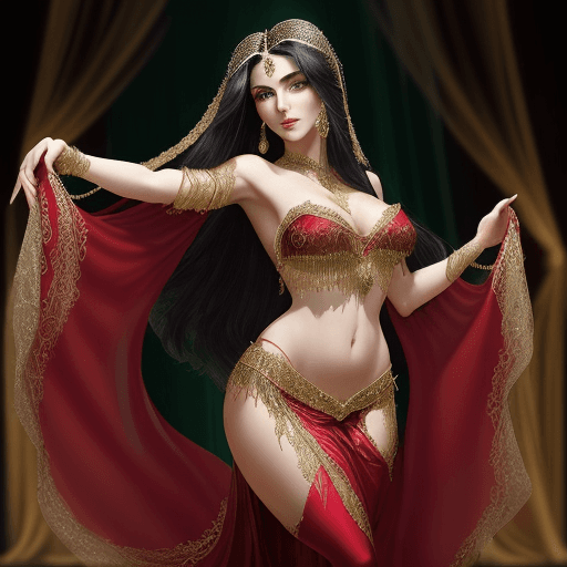 AI generated: A stunning 25-year-old belly dancer stands poised deep green eyes shining Long dark raven tresses ca...