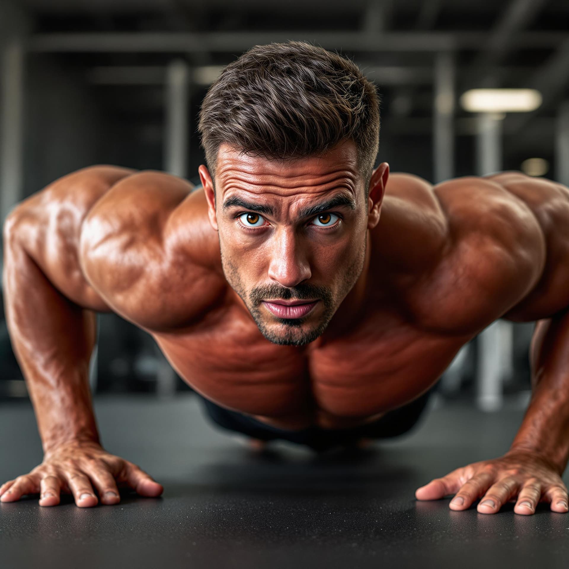 AI generated: bodybuilder doing push up exercise while looking at camera