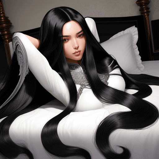 AI generated: black haired woman in a silver outfit laying on a bed, with very long black hair, extremely long thi...