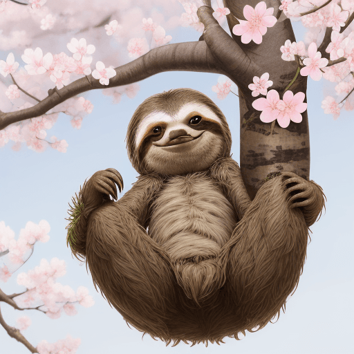 AI generated: sloth, smiling in a sakura tree 
