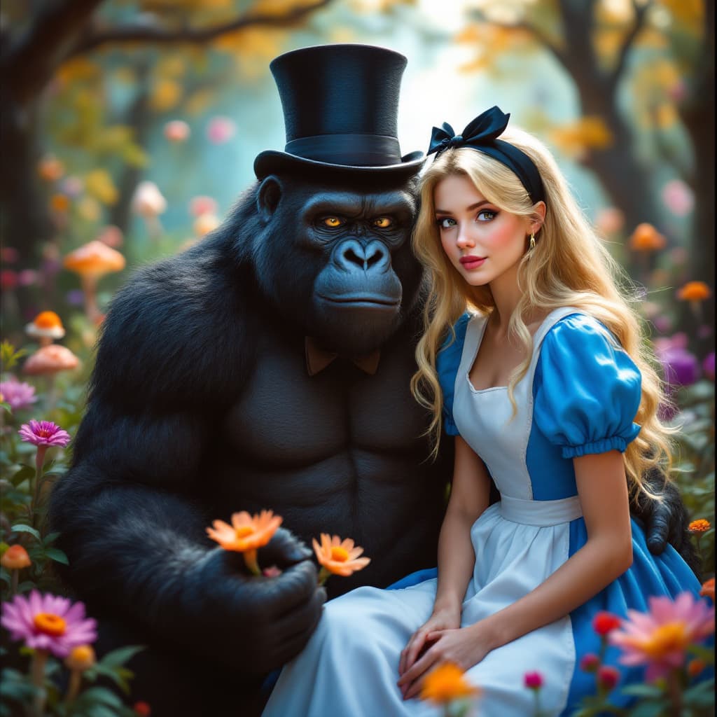 AI generated: High resolution and realistically photogenic, Alice in wonderland in her traditional blue dress and ...