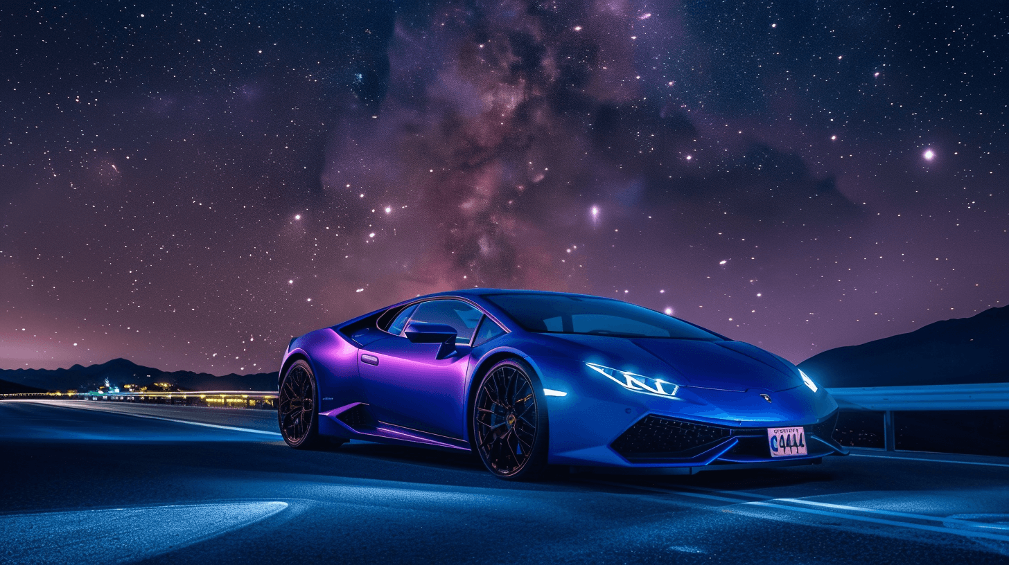 AI generated: Lamborghini, photography , neon, matte blue surface, a hint of purple hue shines on the car's color,...