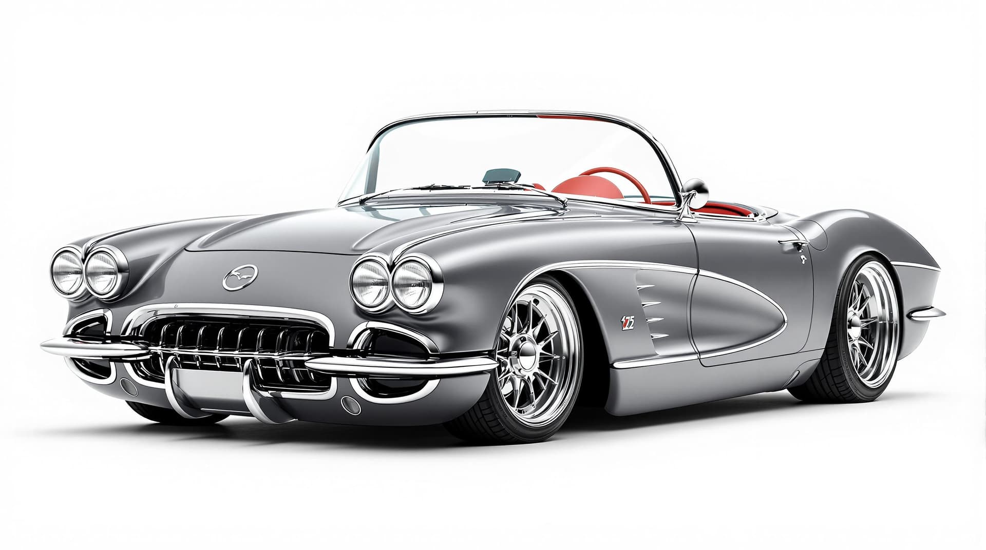 AI generated: Hyper realistic 1959 chevy corvette convertible, front side top view, gray color, restomod with 20" ...