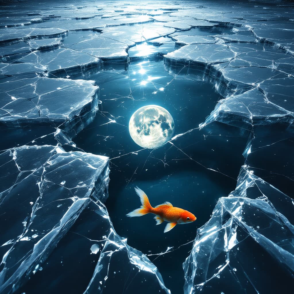 AI generated: looking straight  down on a highly reflective ice on lake which greatly fractured showing the full m...