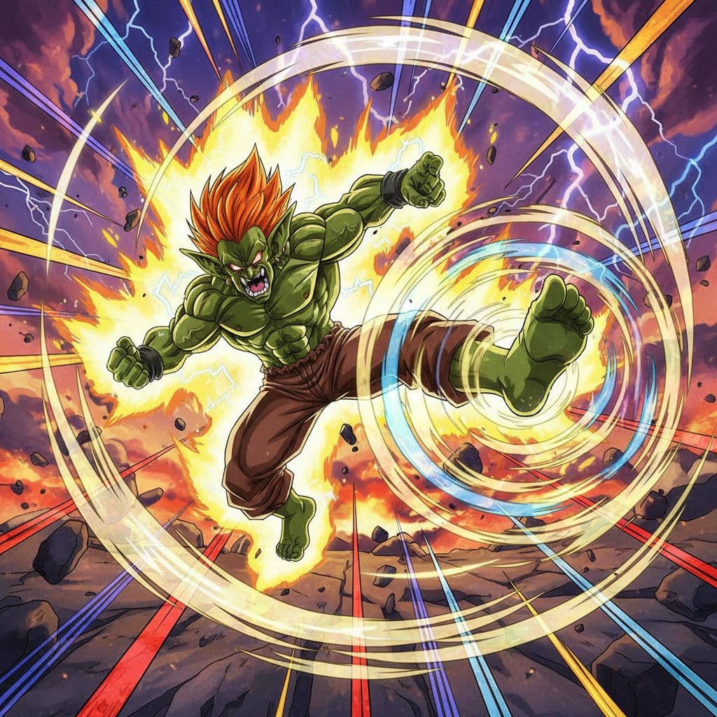 AI generated: Over-the-top anime style goblin performing an ultimate spinning kick special move, glowing aura, hug...