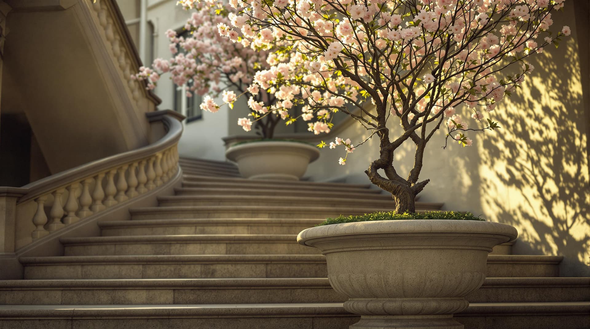 AI generated: In the background, a large stone planter box is visible, containing a flowering tree with delicate p...