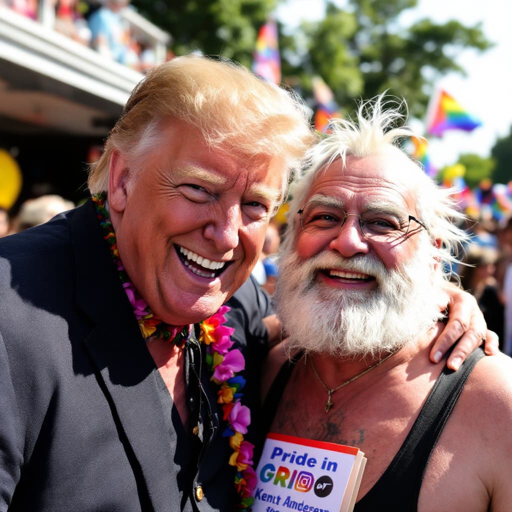 AI generated: Photo of a smiling Donald Trump together with Kent Andersen of draga outside at a pride festival