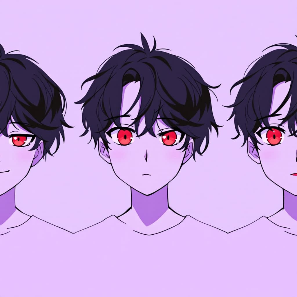 AI generated: Three versions of the same anime boy, separate from each other, with different emotions: short wavy ...