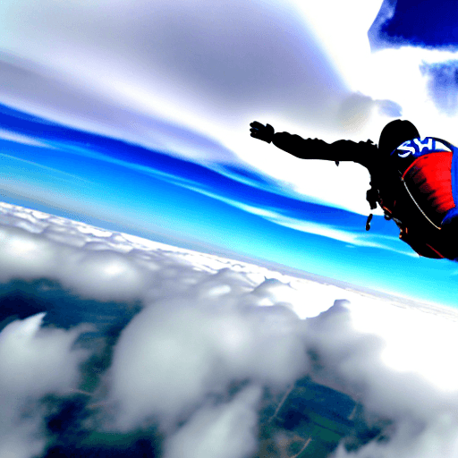AI generated: Skydiver with parachute, falling through the clouds