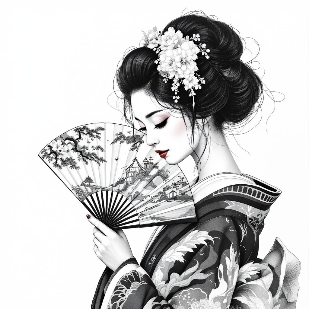 AI generated: It's as detailed as a real picture. beautiful geisha holding an oriental fan, Geisha is a profile an...