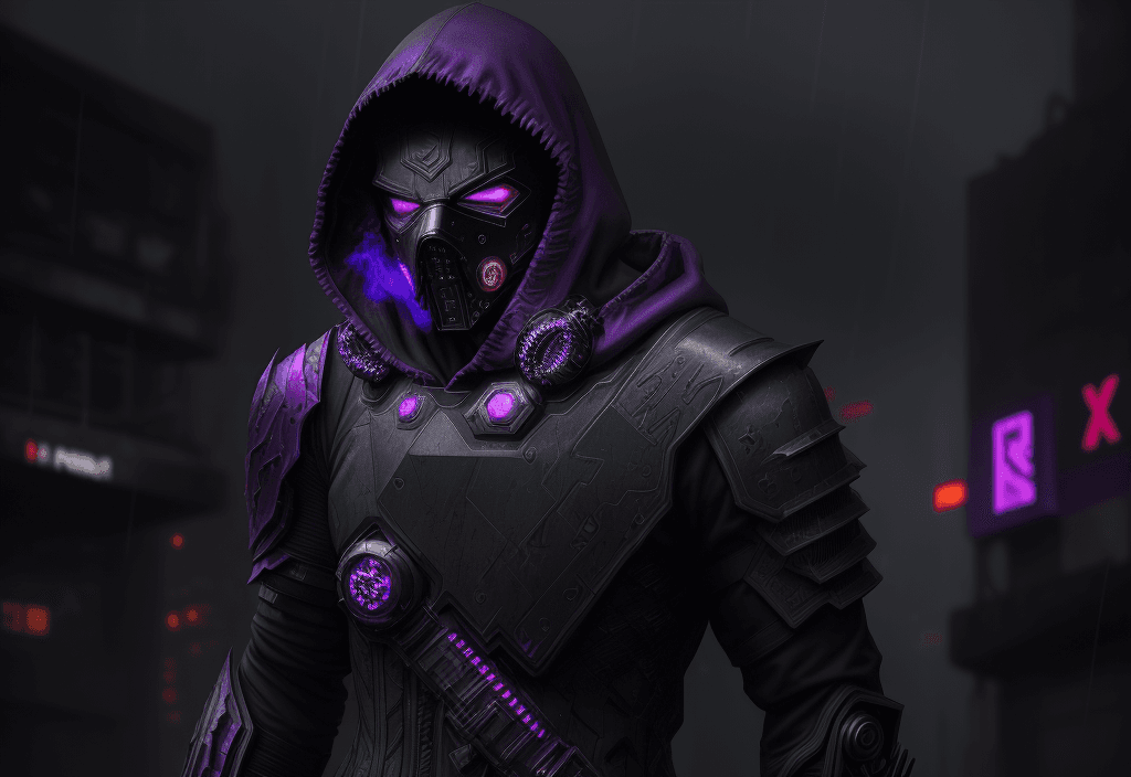 AI generated: cyberpunk, masked man, dark   torn hood, Purple accents, dark rainy foggy night, intricate dark and ...