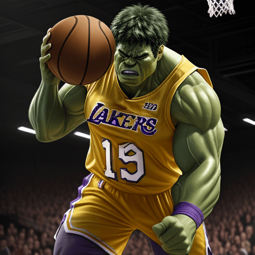 AI generated: Marvel's Hulk playing basketball, he is jumping to dunk on the hoop and he is dressed in the Lakers ...
