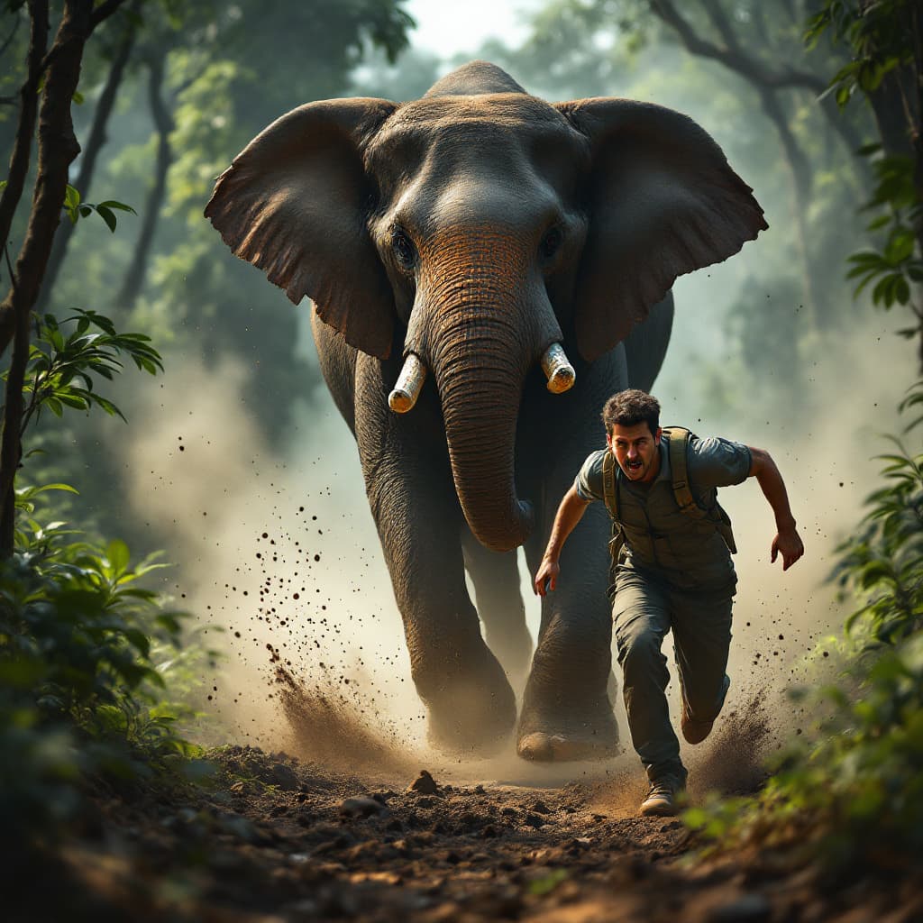 AI generated: Create a dramatic and dynamic realistic image set in a deep Kerala forest, depicting an elephant run...