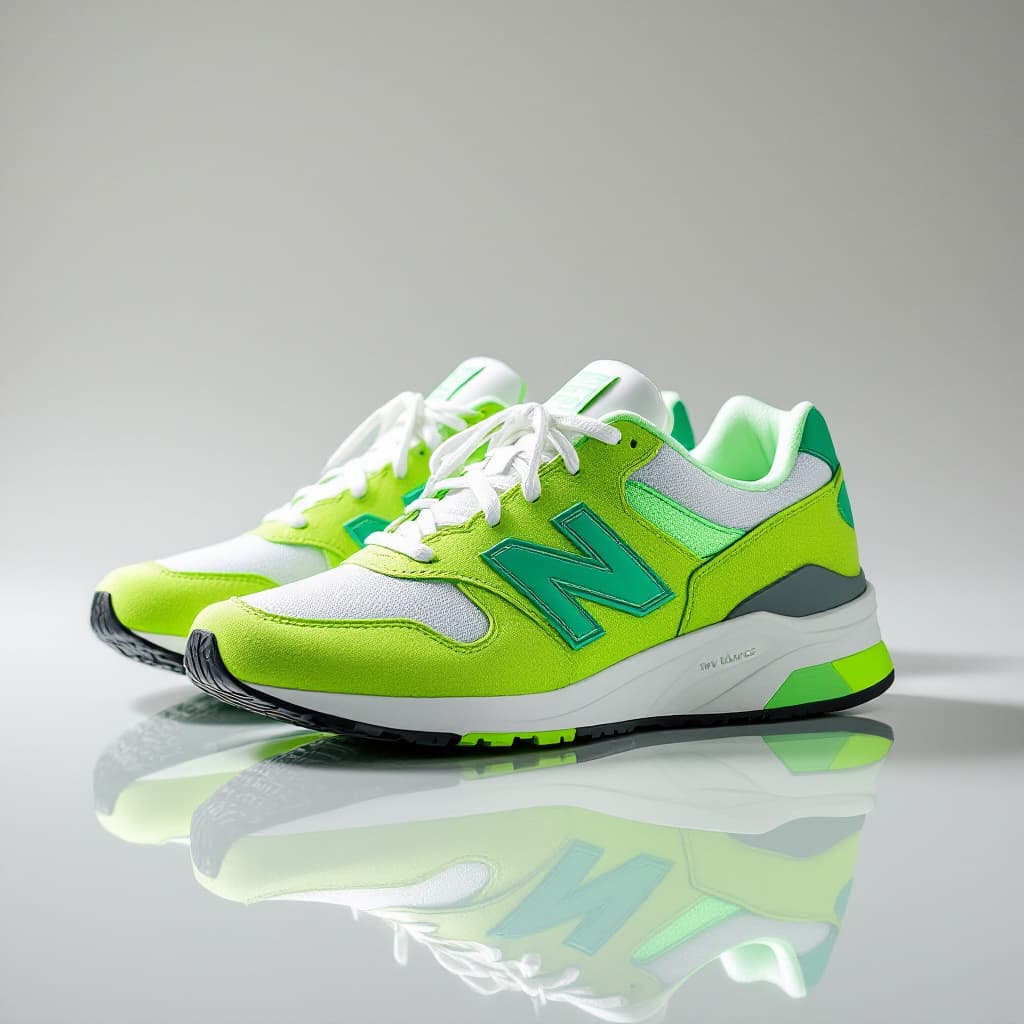 AI generated: photograph, productive, New Balance 327, white and green  yellow, reflection