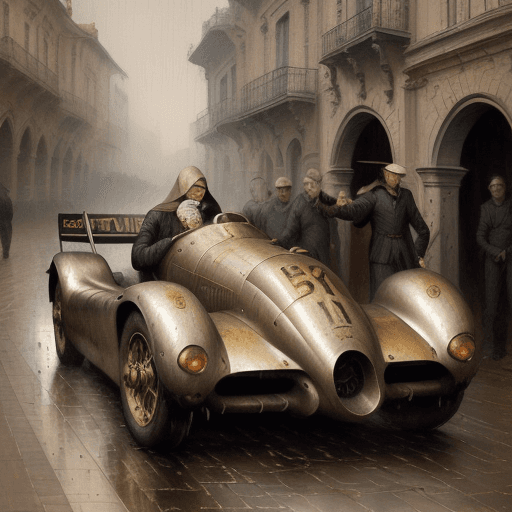 AI generated: race car, historical illustrations, old masters, , soggy, masaccio, monochromatic realism  grau, pay...
