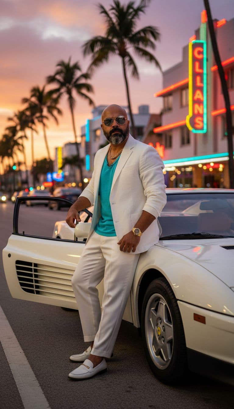 AI generated: Subject: A charismatic late-20s man. Clothing: WHITES linen blazer (sleeves rolled up), turquoise t-...