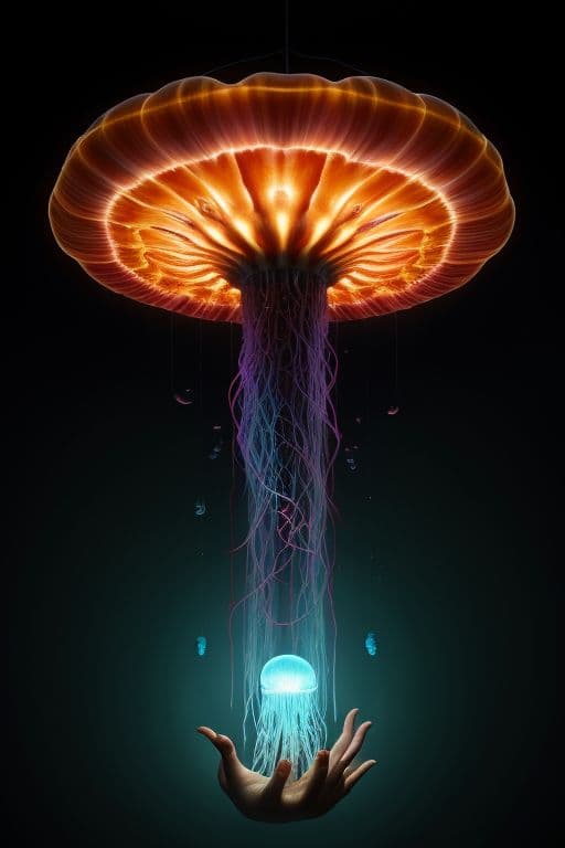 AI generated: jellyfish phoenix head, nautilus, orchid, skull, betta fish, bioluminiscent creatures, intricate art...