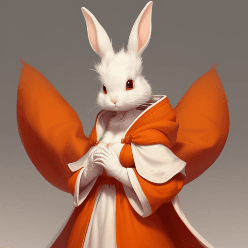 AI generated: art of a white furred rabbitfolk.  She is wearing an orange and white cloak
