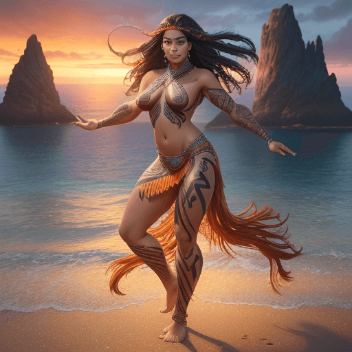 AI generated: A stunning full body portrait of a maori woman, island background, sunset, charlie bowater, volumetr...