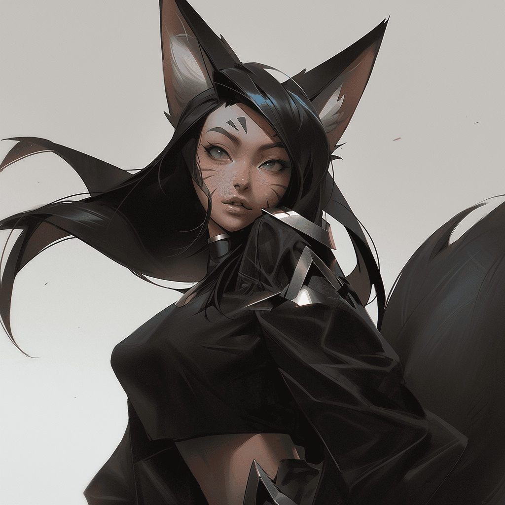 AI generated: league of legends girl, cute, e girl, goth girl, wolf ears, animal ears, fox ears, wearing cute armo...