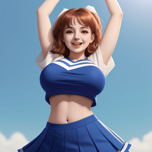 AI generated: A cute 21 year old female with gigantic breasts wearing loose crop top cheerleader outfit and pleate...